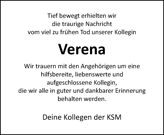 Traueranzeige von Verena  von Neue Osnabrücker Zeitung GmbH & Co. KG