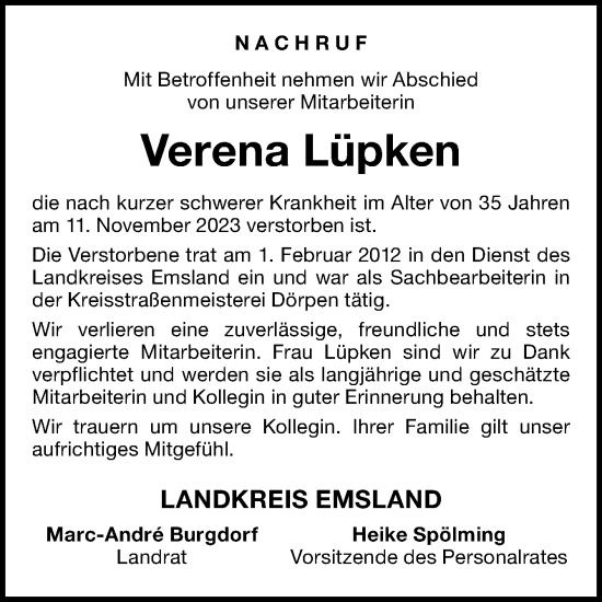 Traueranzeige von Verena Lüpken von Neue Osnabrücker Zeitung GmbH & Co. KG