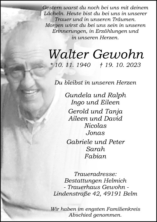 Traueranzeige von Walter Gewohn von Neue Osnabrücker Zeitung GmbH & Co. KG