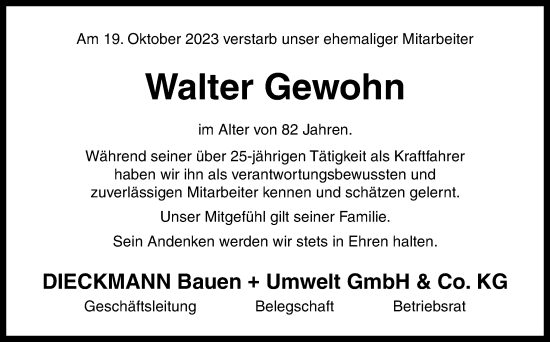 Traueranzeige von Walter Gewohn von Neue Osnabrücker Zeitung GmbH & Co. KG