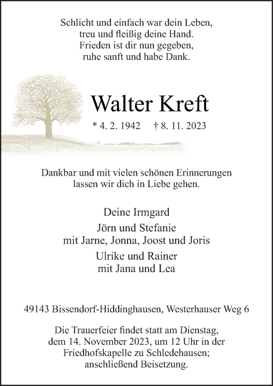 Traueranzeige von Walter Kreft von Neue Osnabrücker Zeitung GmbH & Co. KG