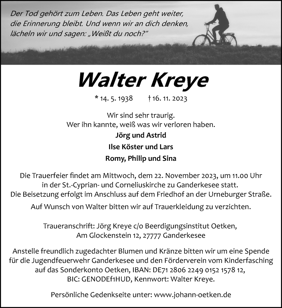  Traueranzeige für Walter Kreye vom 18.11.2023 aus DK Medien GmbH & Co. KG