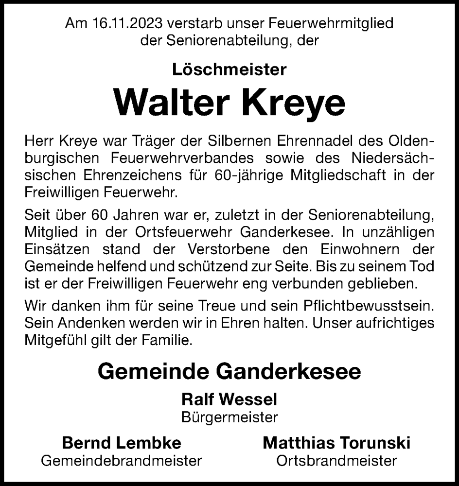  Traueranzeige für Walter Kreye vom 21.11.2023 aus DK Medien GmbH & Co. KG