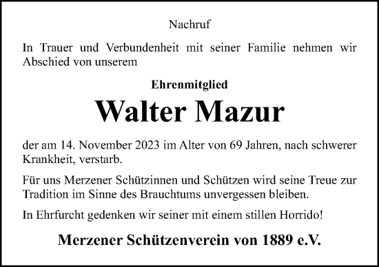 Traueranzeige von Walter Mazur von Neue Osnabrücker Zeitung GmbH & Co. KG