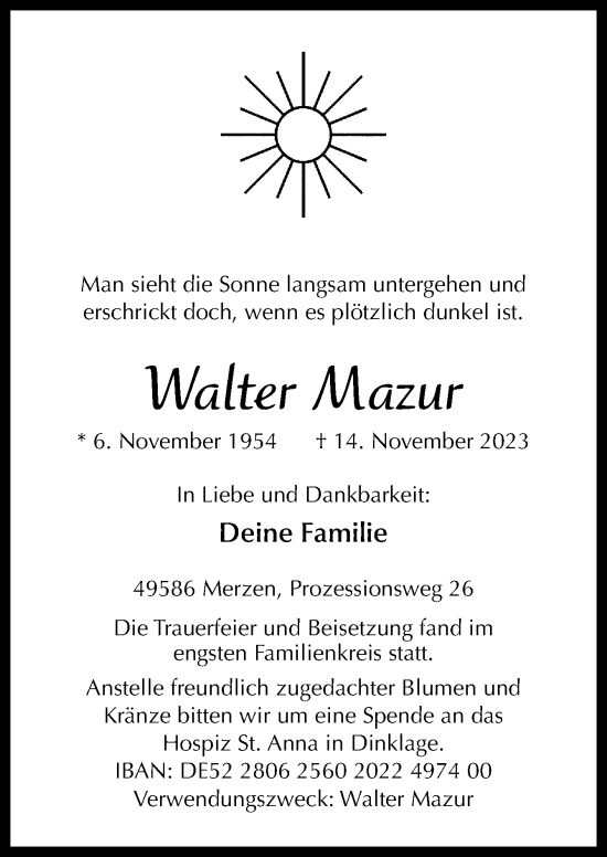 Traueranzeige von Walter Mazur von Neue Osnabrücker Zeitung GmbH & Co. KG