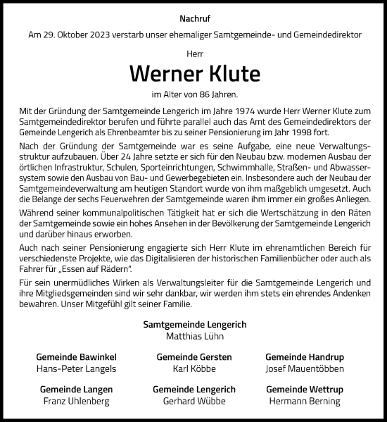 Traueranzeige von Werner Klute von Neue Osnabrücker Zeitung GmbH & Co. KG