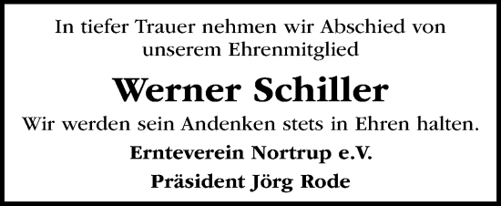 Traueranzeige von Werner Schiller von Neue Osnabrücker Zeitung GmbH & Co. KG