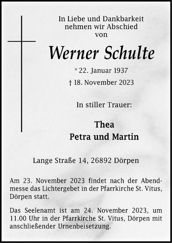 Traueranzeige von Werner Schulte von Neue Osnabrücker Zeitung GmbH & Co. KG