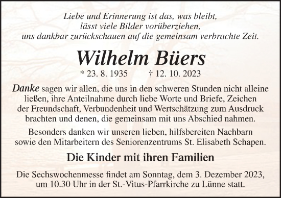 Traueranzeige von Wilhelm Büers von Neue Osnabrücker Zeitung GmbH & Co. KG
