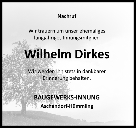 Traueranzeige von Wilhelm Dirkes von Neue Osnabrücker Zeitung GmbH & Co. KG