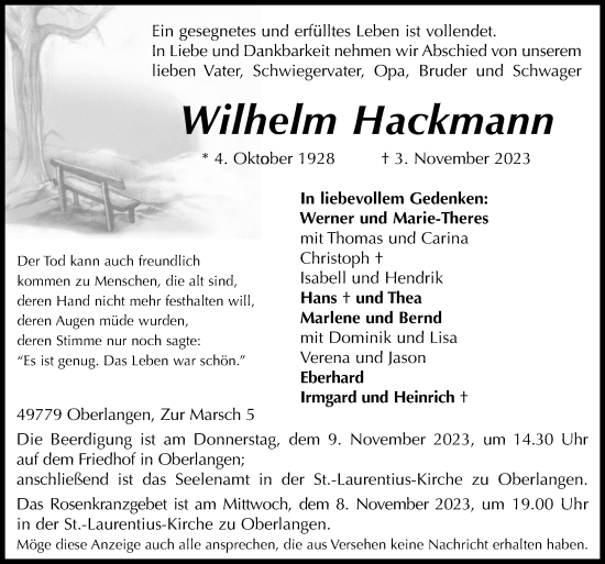 Traueranzeige von Wilhelm Hackmann von Neue Osnabrücker Zeitung GmbH & Co. KG