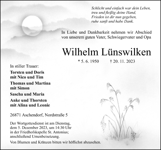 Traueranzeige von Wilhelm Lünswilken von Neue Osnabrücker Zeitung GmbH & Co. KG