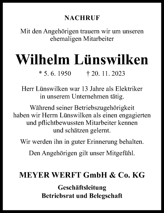 Traueranzeige von Wilhelm Lünswilken von Neue Osnabrücker Zeitung GmbH & Co. KG