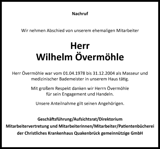 Traueranzeige von Wilhelm Övermöhle von Neue Osnabrücker Zeitung GmbH & Co. KG