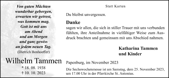 Traueranzeige von Wilhelm Tammen von Neue Osnabrücker Zeitung GmbH & Co. KG