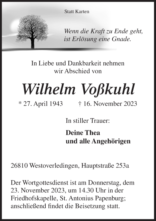 Traueranzeige von Wilhelm Voßkuhl von Neue Osnabrücker Zeitung GmbH & Co. KG