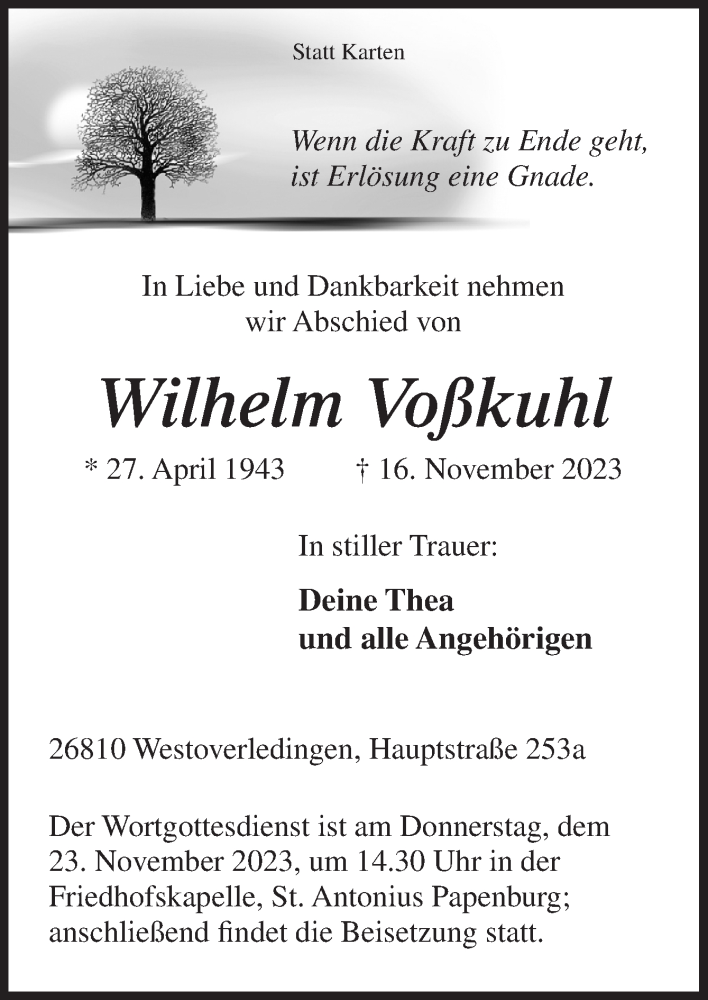  Traueranzeige für Wilhelm Voßkuhl vom 20.11.2023 aus Neue Osnabrücker Zeitung GmbH & Co. KG