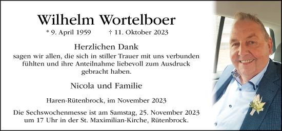 Traueranzeige von Wilhelm Wortelboer von Neue Osnabrücker Zeitung GmbH & Co. KG