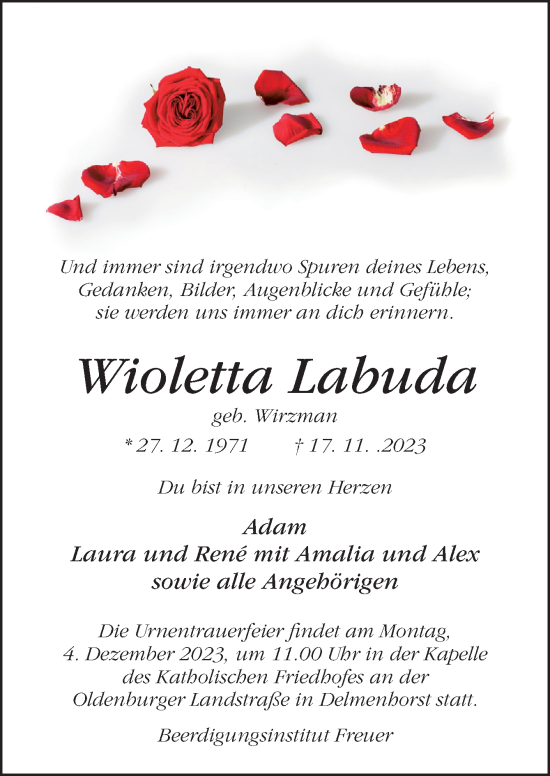 Traueranzeige von Wioletta Labuda von DK Medien GmbH & Co. KG