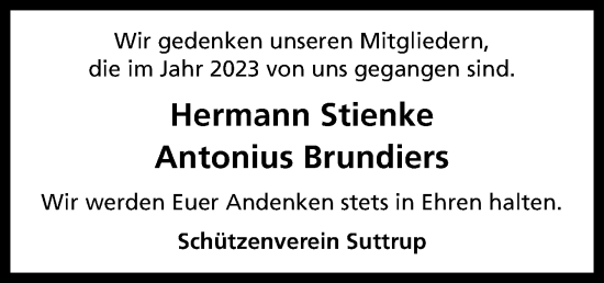 Traueranzeige von Wir gedenken Schützenverein Suttrup von Neue Osnabrücker Zeitung GmbH & Co. KG