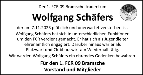 Traueranzeige von Wolfgang Schäfers von Neue Osnabrücker Zeitung GmbH & Co. KG