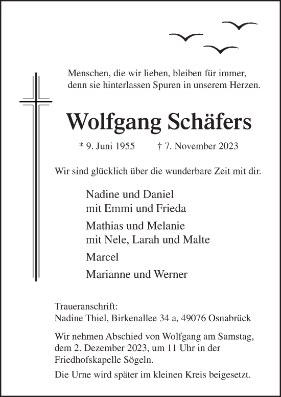 Traueranzeige von Wolfgang Schäfers von Neue Osnabrücker Zeitung GmbH & Co. KG