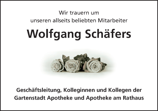 Traueranzeige von Wolfgang Schäfers von Neue Osnabrücker Zeitung GmbH & Co. KG