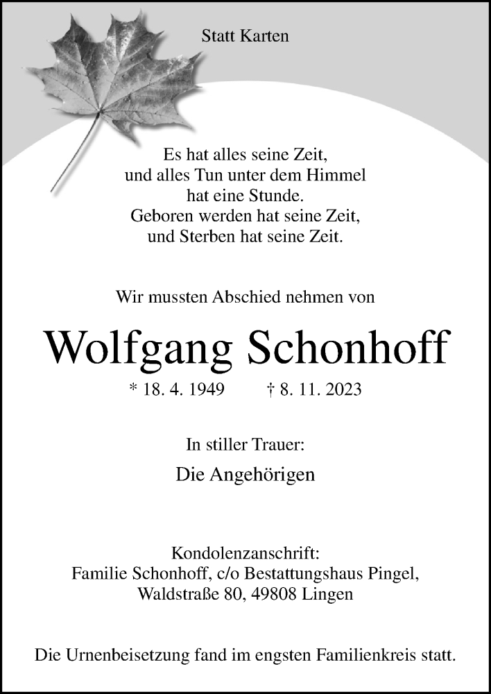  Traueranzeige für Wolfgang Schonhoff vom 29.11.2023 aus Neue Osnabrücker Zeitung GmbH & Co. KG