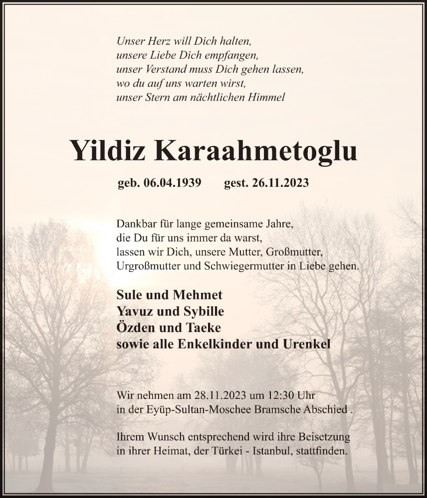  Traueranzeige für Yildiz Karaahmetoglu vom 28.11.2023 aus Neue Osnabrücker Zeitung GmbH & Co. KG