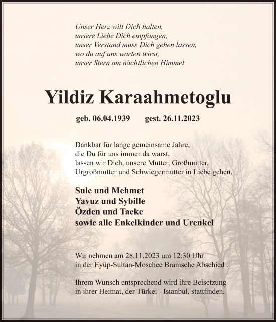 Traueranzeige von Yildiz Karaahmetoglu von Neue Osnabrücker Zeitung GmbH &amp; Co. KG