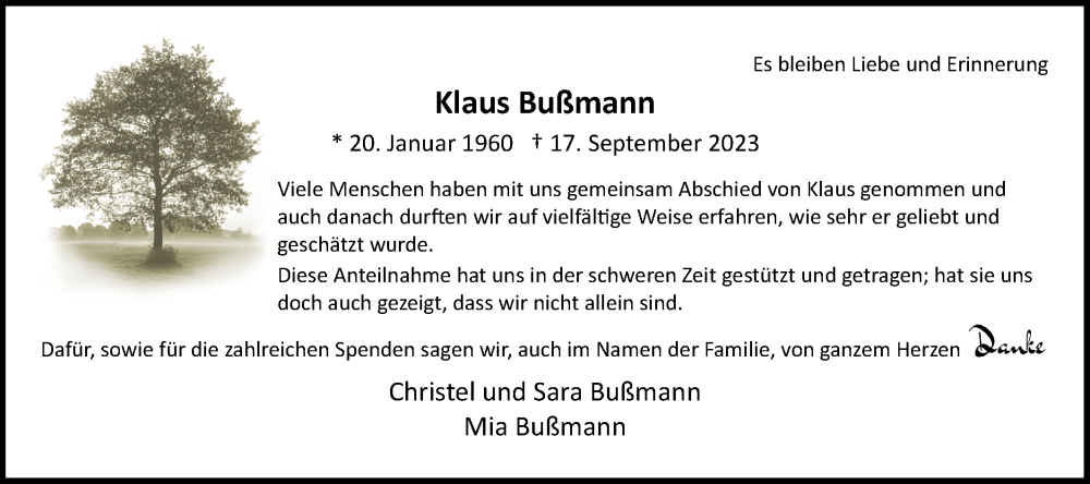  Traueranzeige für Klaus Bußmann vom 23.09.2023 aus 