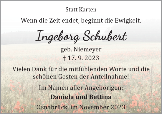 Traueranzeige von Ingeborg Schubert von Neue Osnabrücker Zeitung GmbH & Co. KG