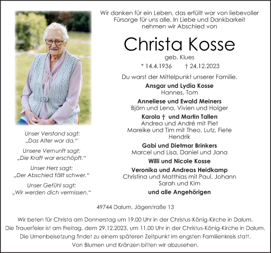 Traueranzeige von Christa Kosse von Neue Osnabrücker Zeitung GmbH & Co. KG