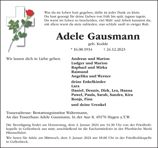 Traueranzeige von Adele Gausmann von Neue Osnabrücker Zeitung GmbH & Co. KG