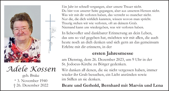 Traueranzeige von Adele Kossen von Neue Osnabrücker Zeitung GmbH & Co. KG