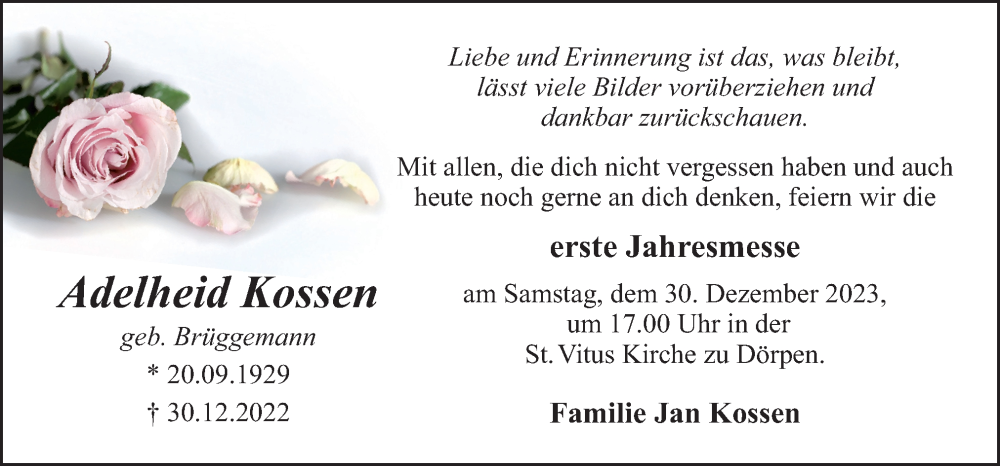  Traueranzeige für Adelheid Kossen vom 27.12.2023 aus Neue Osnabrücker Zeitung GmbH & Co. KG