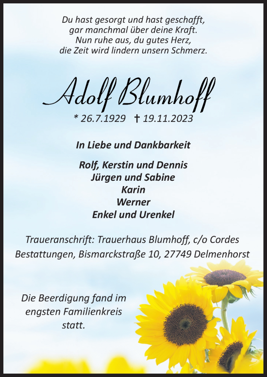 Traueranzeige von Adolf Blumhoff von DK Medien GmbH & Co. KG