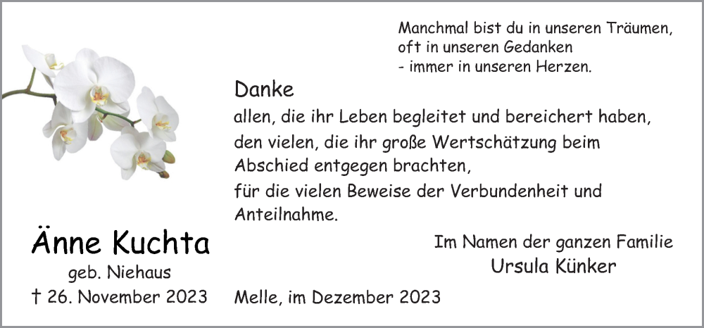  Traueranzeige für Änne Kuchta vom 22.12.2023 aus Neue Osnabrücker Zeitung GmbH & Co. KG