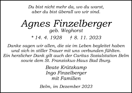 Traueranzeige von Agnes Finzelberger von Neue Osnabrücker Zeitung GmbH & Co. KG