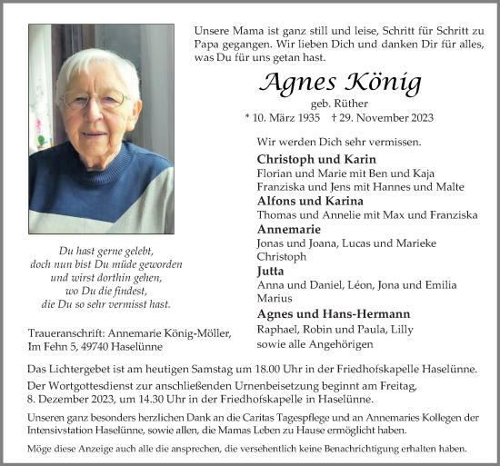 Traueranzeige von Agnes König von Neue Osnabrücker Zeitung GmbH & Co. KG