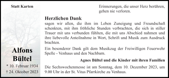 Traueranzeige von Alfons Bültel von Neue Osnabrücker Zeitung GmbH & Co. KG