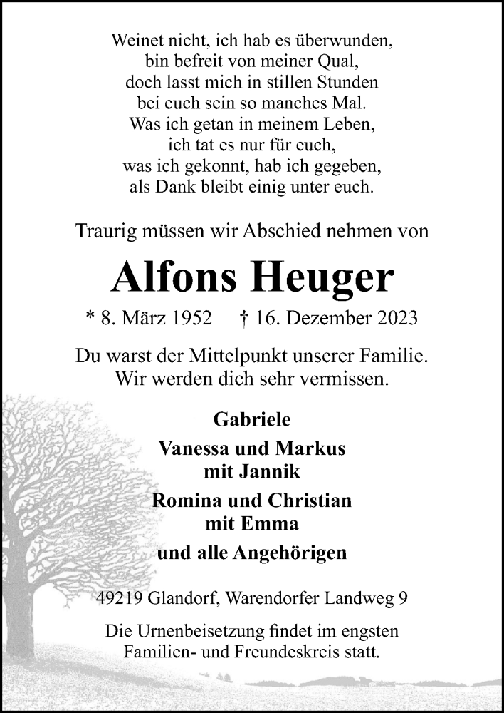  Traueranzeige für Alfons Heuger vom 20.12.2023 aus Neue Osnabrücker Zeitung GmbH & Co. KG