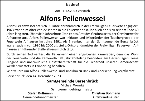 Traueranzeige von Alfons Pellenwessel von Neue Osnabrücker Zeitung GmbH & Co. KG