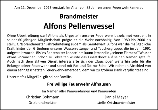 Traueranzeige von Alfons Pellenwessel von Neue Osnabrücker Zeitung GmbH & Co. KG