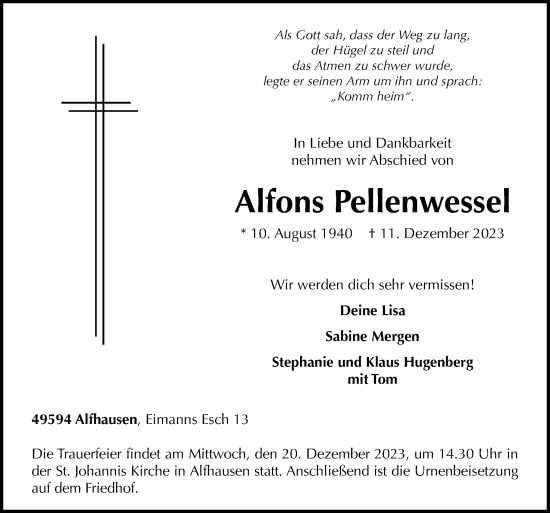 Traueranzeige von Alfons Pellenwessel von Neue Osnabrücker Zeitung GmbH & Co. KG