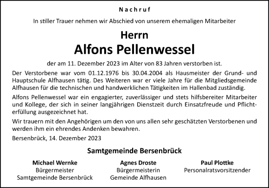 Traueranzeige von Alfons Pellenwessel von Neue Osnabrücker Zeitung GmbH & Co. KG