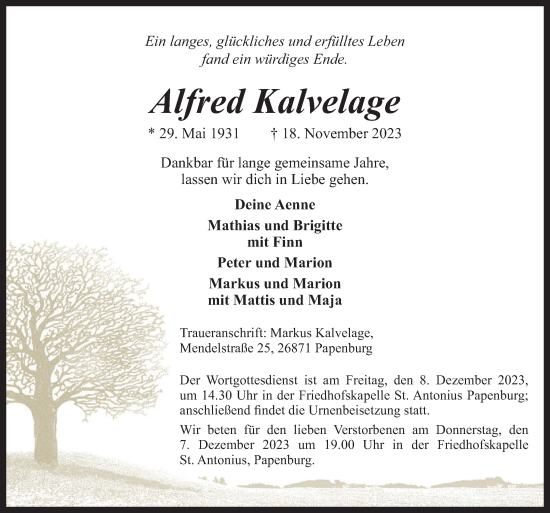 Traueranzeige von Alfred Kalvelage von Neue Osnabrücker Zeitung GmbH & Co. KG