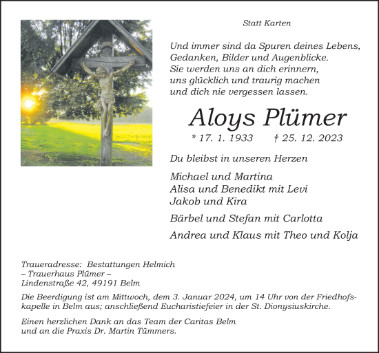 Traueranzeige von Aloys Plümer von Neue Osnabrücker Zeitung GmbH & Co. KG