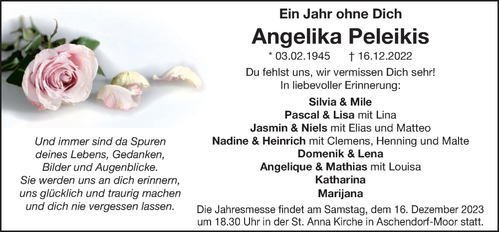  Traueranzeige für Angelika Peleikis vom 13.12.2023 aus Neue Osnabrücker Zeitung GmbH & Co. KG