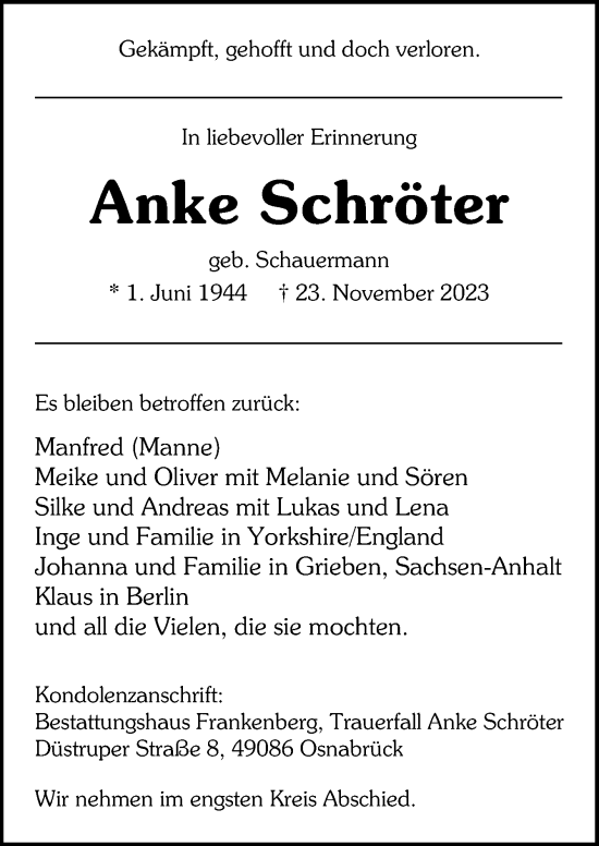 Traueranzeige von Anke Schröter von Neue Osnabrücker Zeitung GmbH & Co. KG